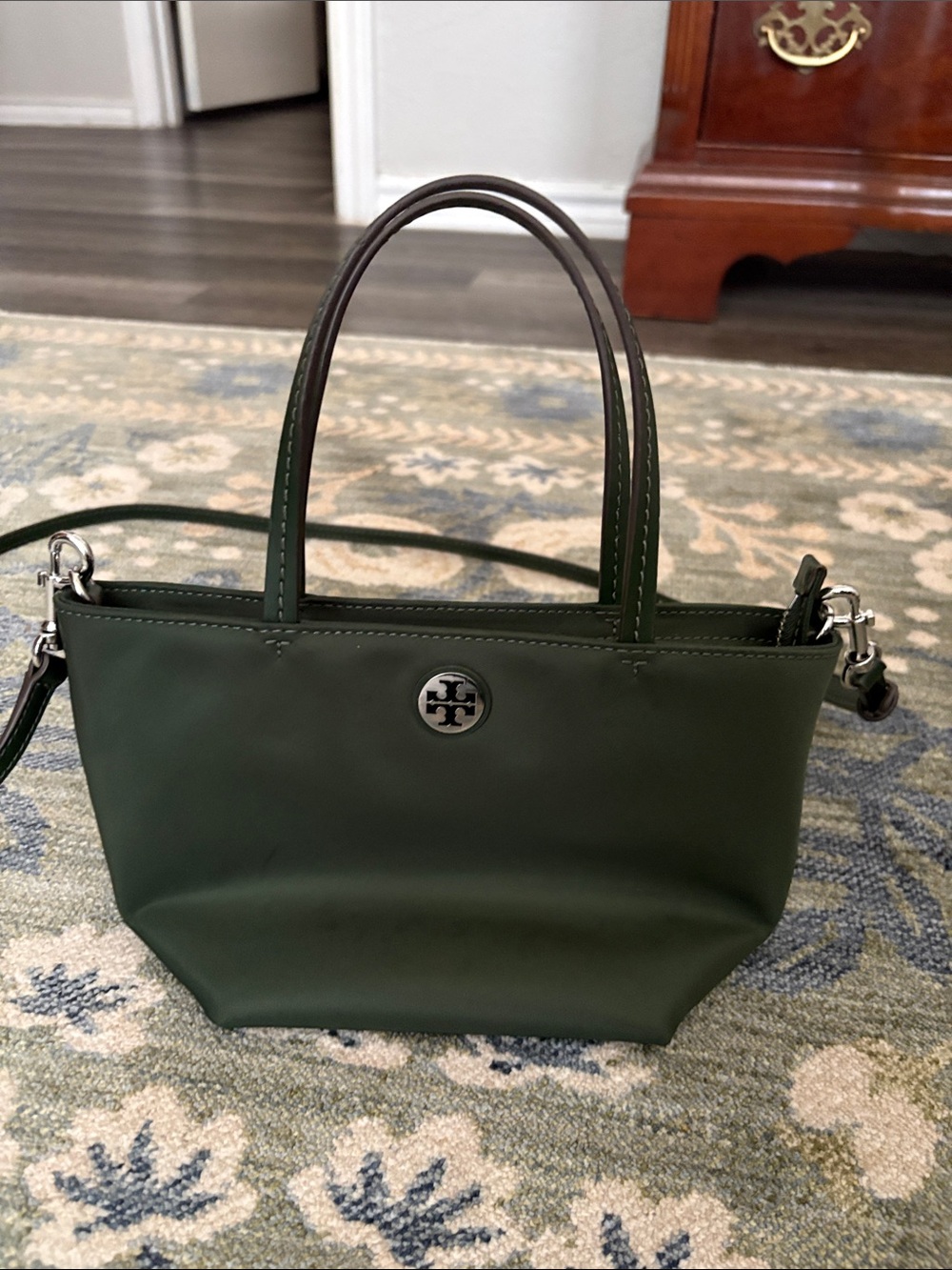 Tory Burch Dark Green Leather Mini Tote with Detachable Strap